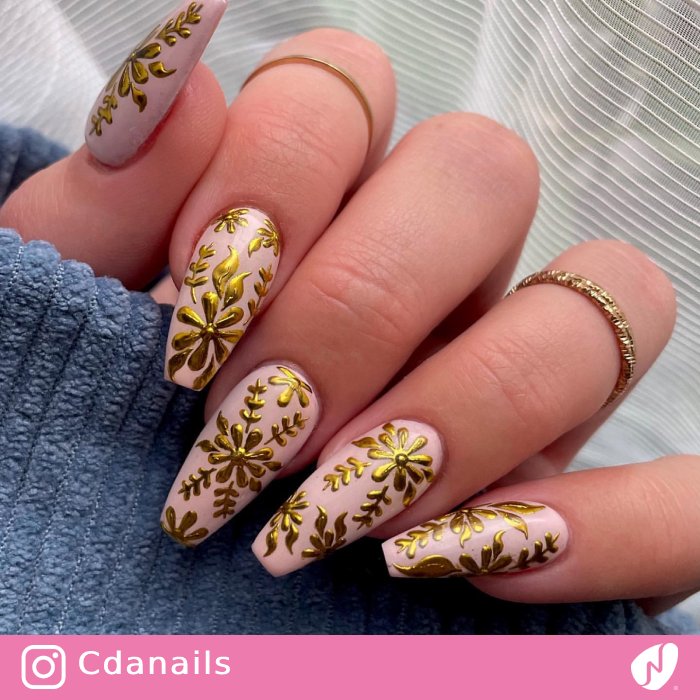 Floral Gold Chrome Nail Art